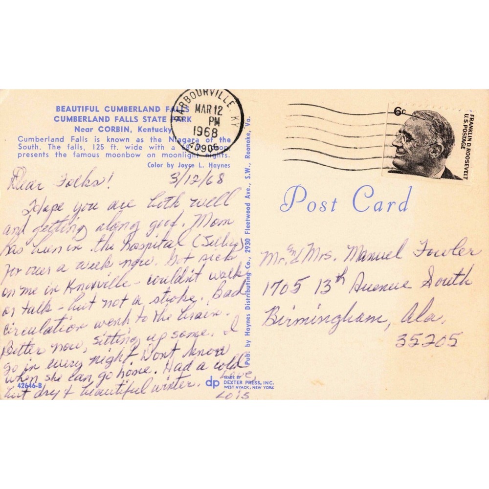 Vintage Cumberland Falls State Park Kentucky Postcard 1968 Postmark Corbin KY - Picture 2 of 2